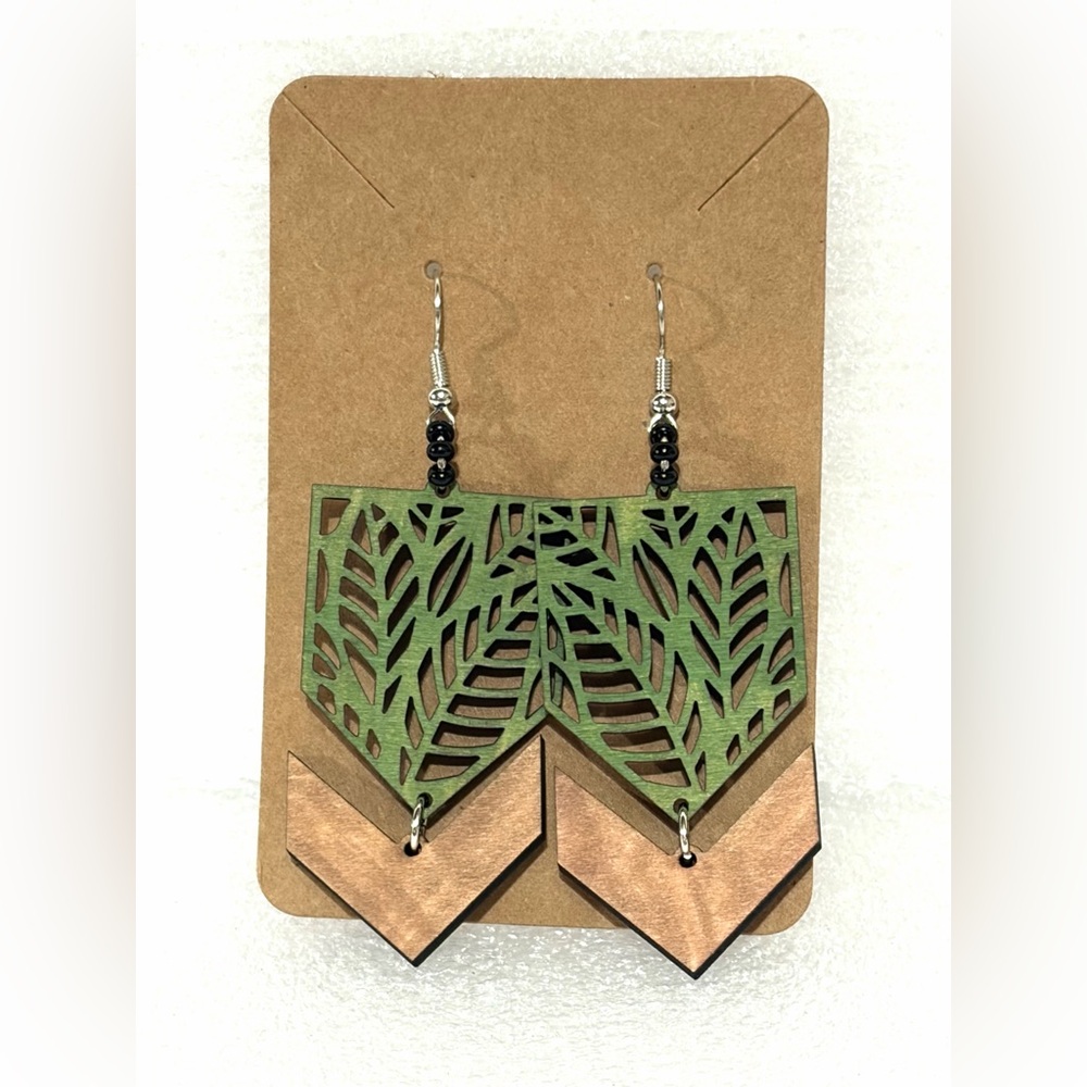 Green and Brown Leaf Wood Earrings. Hand Crafted